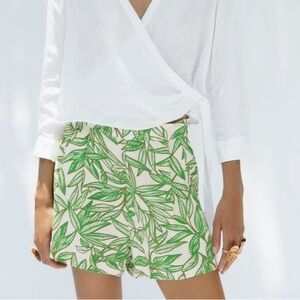 Zara Green Leaf Print Linen Blend Pleated Shorts